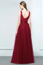 Lace Top Burgundy A-line Scoop Long Sleevless Tulle Prom Dresses by misshow.com