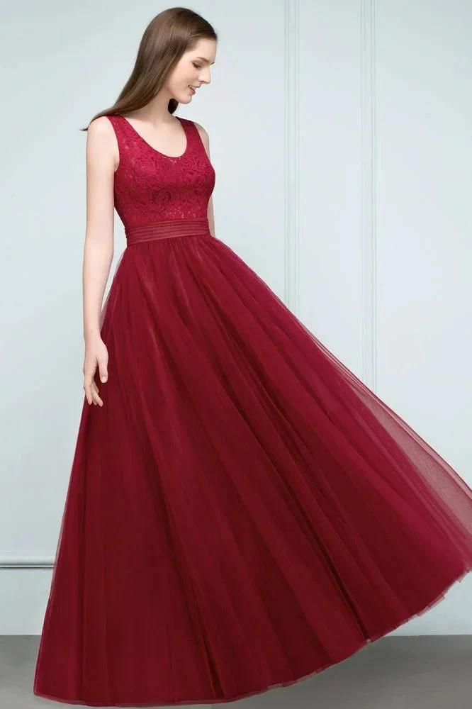 Lace Top Burgundy A-line Scoop Long Sleevless Tulle Prom Dresses by misshow.com