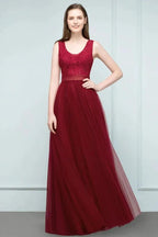 Lace Top Burgundy A-line Scoop Long Sleevless Tulle Prom Dresses by misshow.com