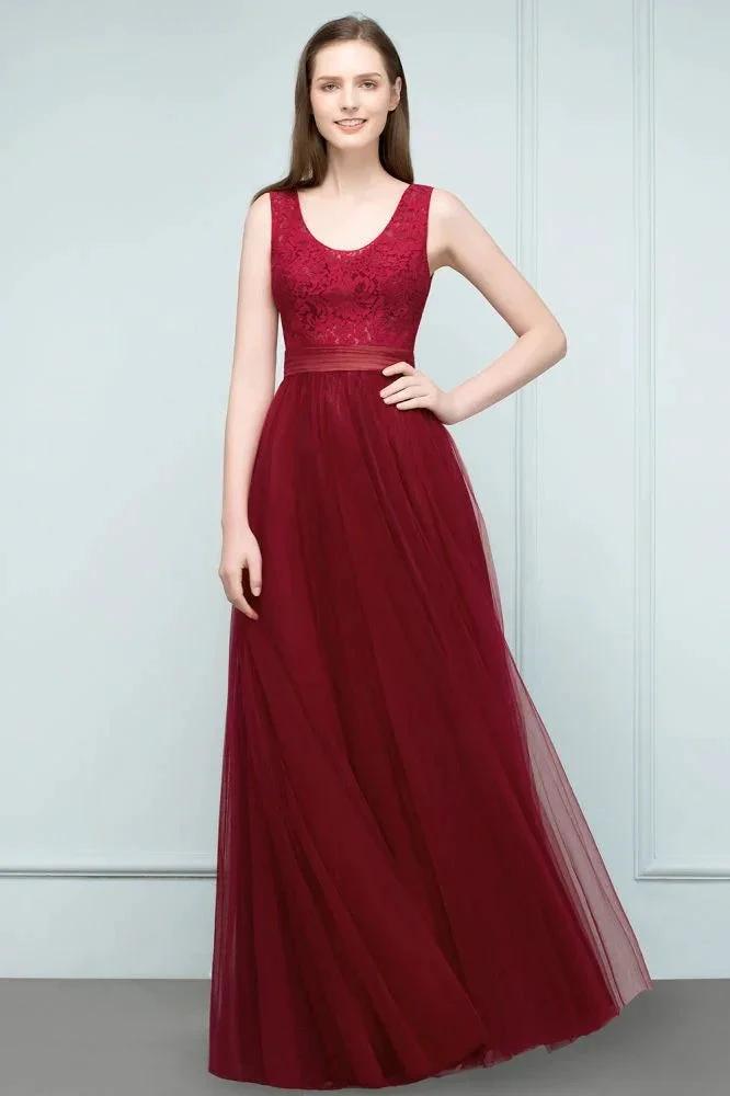 Lace Top Burgundy A-line Scoop Long Sleevless Tulle Prom Dresses by misshow.com