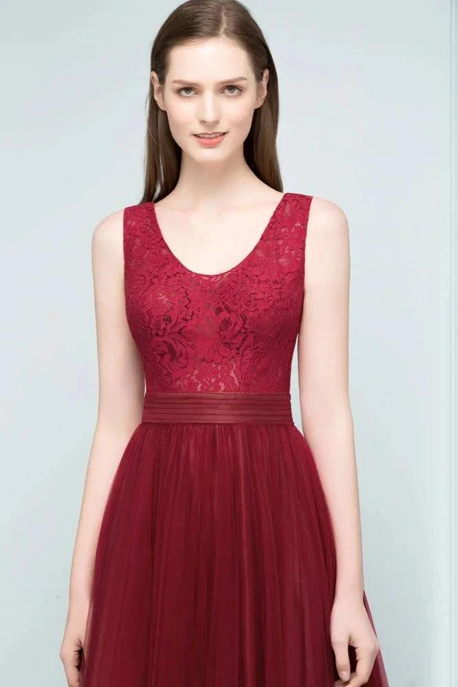 Lace Top Burgundy A-line Scoop Long Sleevless Tulle Prom Dresses by misshow.com