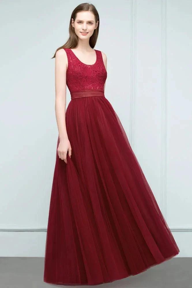 Lace Top Burgundy A-line Scoop Long Sleevless Tulle Prom Dresses by misshow.com