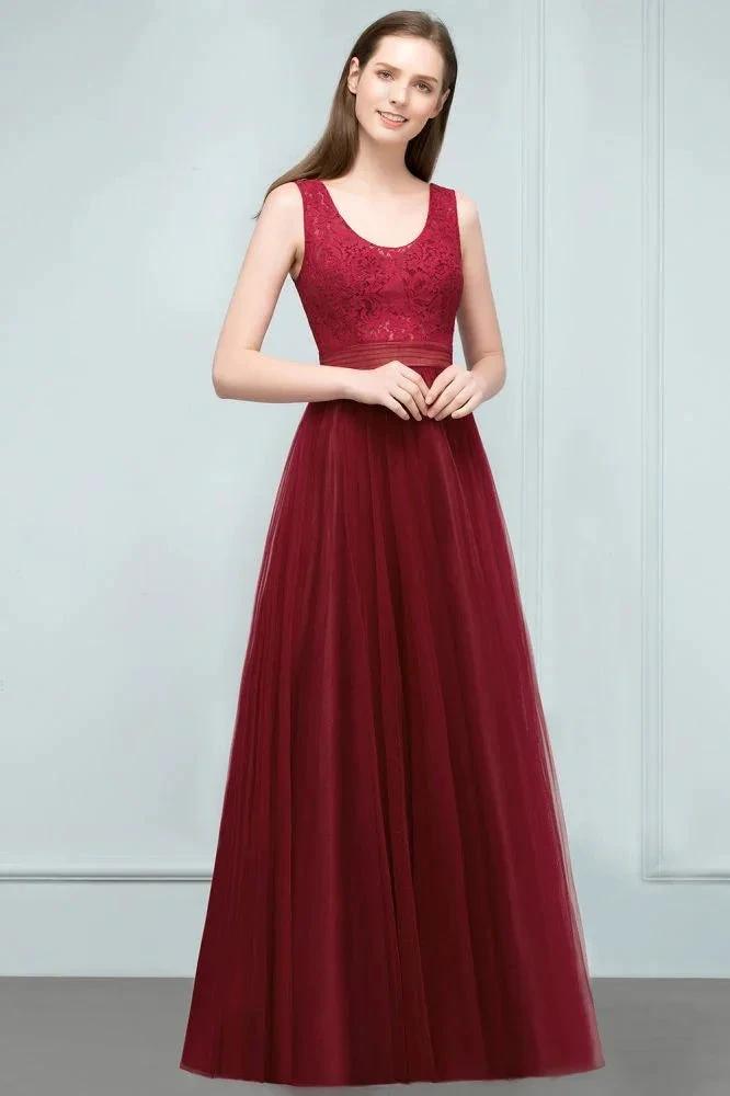Lace Top Burgundy A-line Scoop Long Sleevless Tulle Prom Dresses by misshow.com