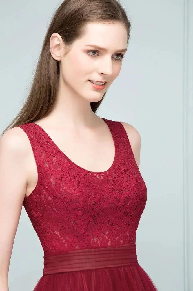 Lace Top Burgundy A-line Scoop Long Sleevless Tulle Prom Dresses by misshow.com