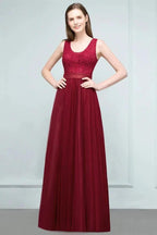 Lace Top Burgundy A-line Scoop Long Sleevless Tulle Prom Dresses by misshow.com
