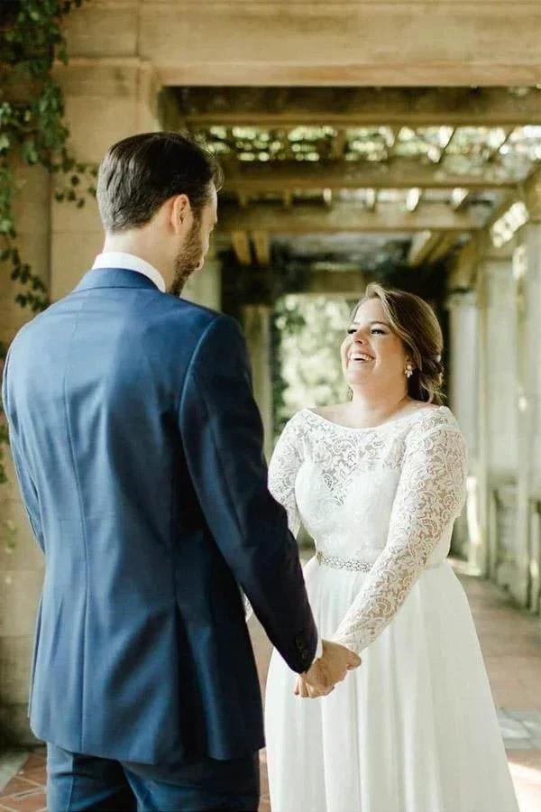 Lace Top Ivory Chiffon Plus Size Wedding Dresses with Long Sleeves WD462 by pgmdress