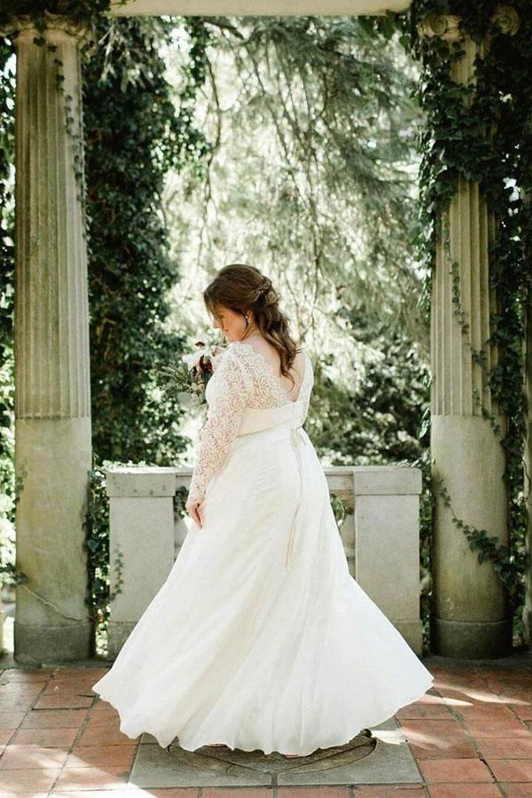 Lace Top Ivory Chiffon Plus Size Wedding Dresses with Long Sleeves WD462 by pgmdress