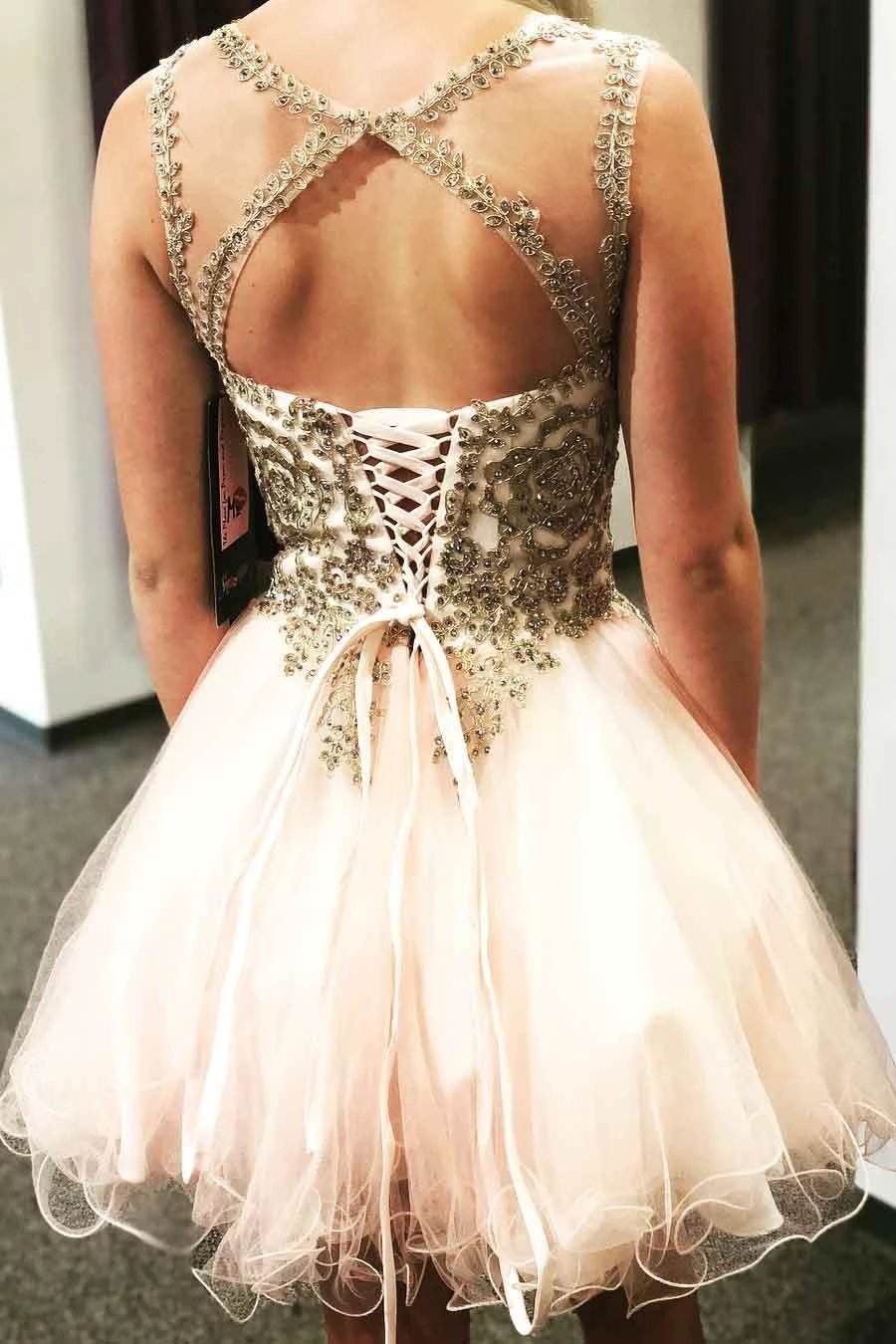 Lace-Up Beaded Cross Back Short Prom Dress Homecoming Dress PD306 by pgmdress