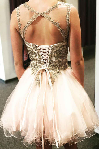 Lace-Up Beaded Cross Back Short Prom Dress Homecoming Dress PD306
