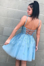 Lace-Up Sky Blue Short Homecoming Dress with Lace Appliques PD332 by pgmdress