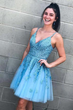Lace-Up Sky Blue Short Homecoming Dress with Lace Appliques PD332 by pgmdress