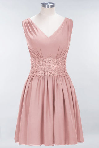 Minivestido de dama de honor de encaje con escote en V y sin mangas, corte A, de gasa, para regreso a casa