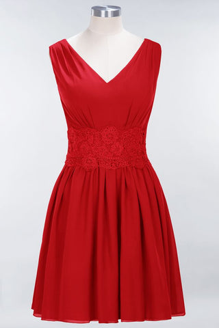 Minivestido de dama de honor de encaje con escote en V y sin mangas, corte A, de gasa, para regreso a casa