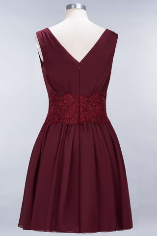 Minivestido de dama de honor de encaje con escote en V y sin mangas, corte A, de gasa, para regreso a casa