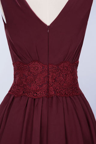 Minivestido de dama de honor de encaje con escote en V y sin mangas, corte A, de gasa, para regreso a casa