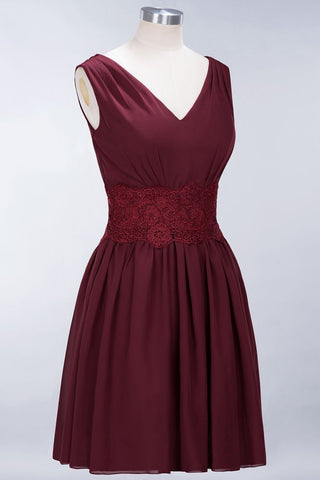 Minivestido de dama de honor de encaje con escote en V y sin mangas, corte A, de gasa, para regreso a casa