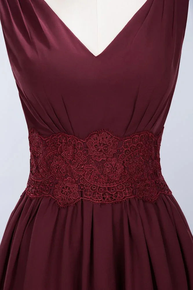 Abito corto da damigella senza maniche con scollo a V in pizzo, linea a trapezio in chiffon, abito per festa di fine anno