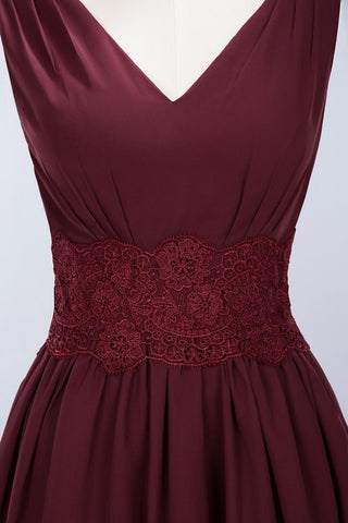 Minivestido de dama de honor de encaje con escote en V y sin mangas, corte A, de gasa, para regreso a casa