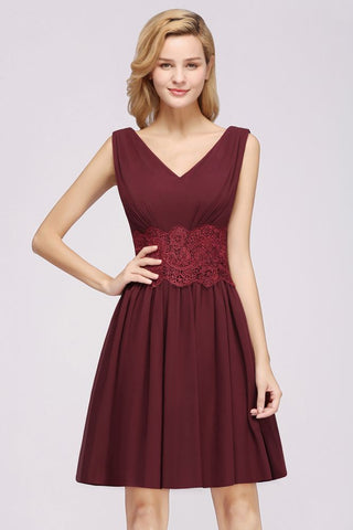 Minivestido de dama de honor de encaje con escote en V y sin mangas, corte A, de gasa, para regreso a casa