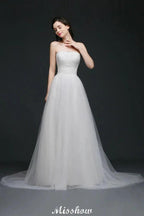 Lace White A-line Strapless Tulle Wedding Dress by misshow.com