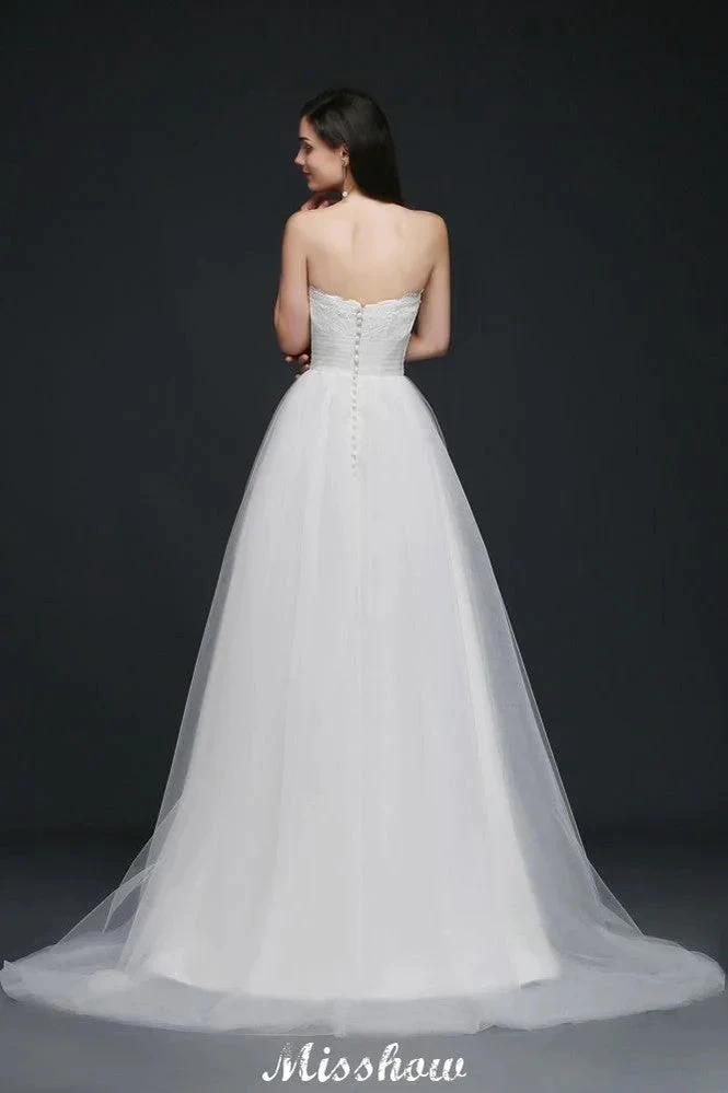 Lace White A-line Strapless Tulle Wedding Dress by misshow.com