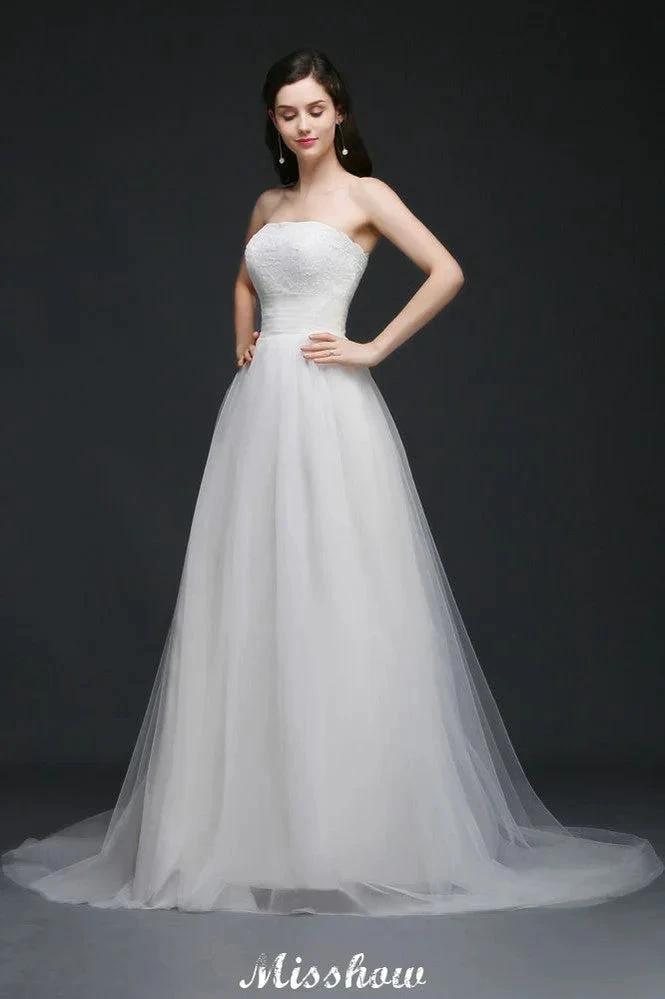 Lace White A-line Strapless Tulle Wedding Dress by misshow.com