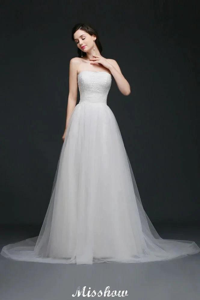 Lace White A-line Strapless Tulle Wedding Dress by misshow.com