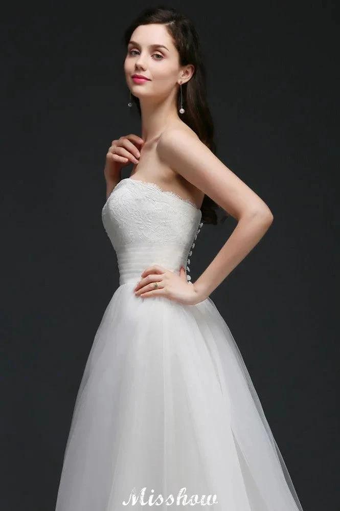 Lace White A-line Strapless Tulle Wedding Dress by misshow.com