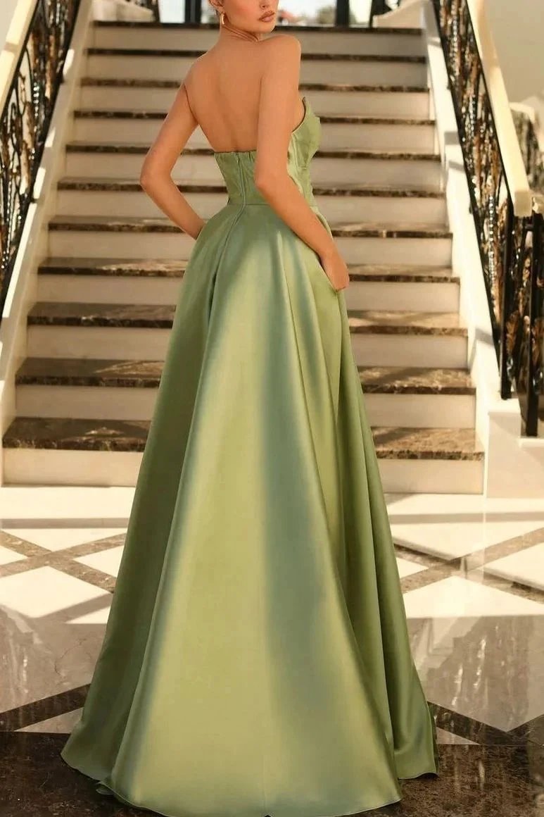 Lachlan | Satin A-Line Scoop Empire-Waist Pleated Satin High Slit Formal Prom Dress by KissProm