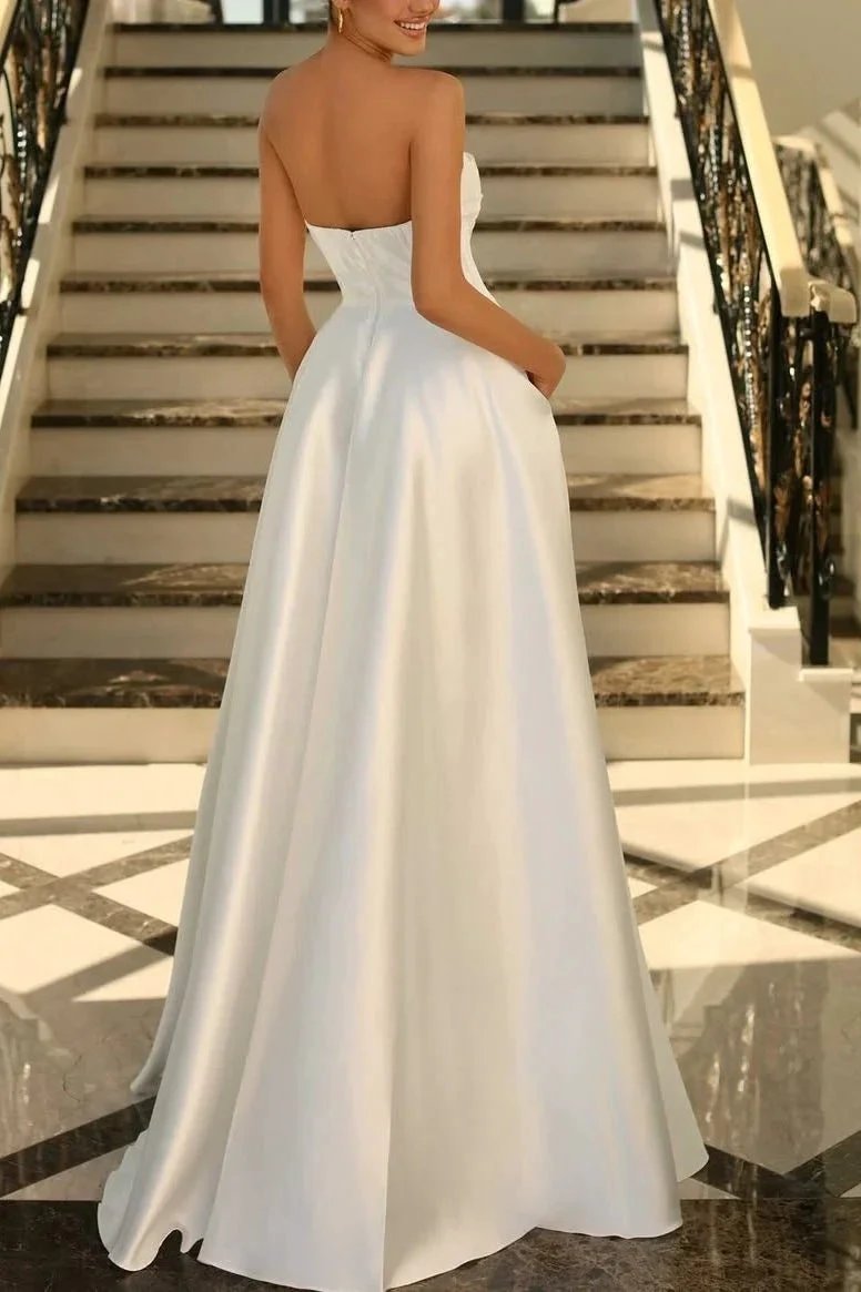 Lachlan | Satin A-Line Scoop Empire-Waist Pleated Satin High Slit Formal Prom Dress by KissProm