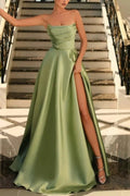 Lachlan | Satin A-Line Scoop Empire-Waist Pleated Satin High Slit Formal Prom Dress by KissProm