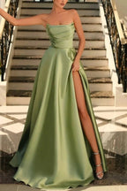 Lachlan | Satin A-Line Scoop Empire-Waist Pleated Satin High Slit Formal Prom Dress by KissProm