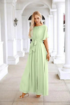 Ladies Chiffon Sleeve Crew Neck Front Slit Floor Length Bridesmaid Evening Dress Wedding Party Evening Dress 28124 by numbersea