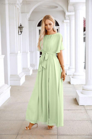 Ladies Chiffon Sleeve Crew Neck Front Slit Floor Length Bridesmaid Evening Dress Wedding Party Evening Dress 28124