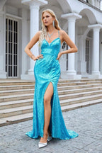 Ladies Spaghetti Strap Sequined V Neck Slit Mermaid Long Bridesmaid Dress Prom Wedding Party Evening Dress 28084 by numbersea
