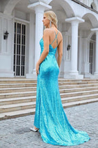Ladies Spaghetti Strap Sequined V Neck Slit Mermaid Long Bridesmaid Dress Prom Wedding Party Evening Dress 28084 by numbersea