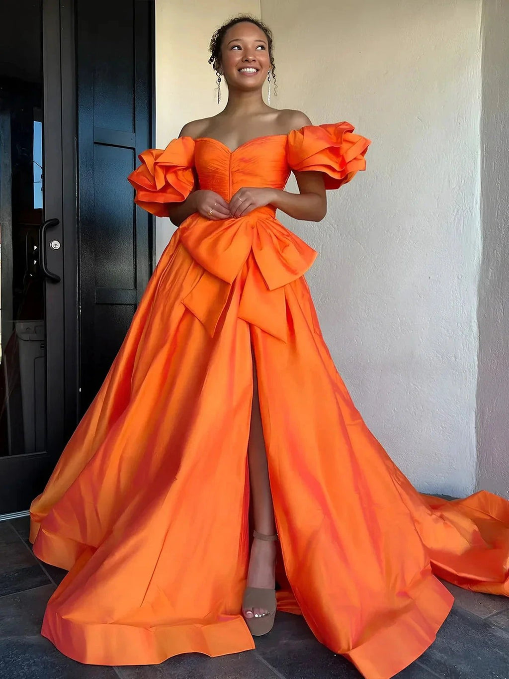 Lael | Orange Sweetheart Pleated A-Line Prom Dress With Bow by KissProm