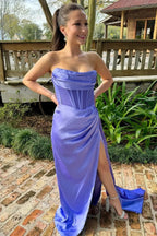 Laken | Periwinkle Strapless Pleated Formal Dress with Attached Train by KissProm