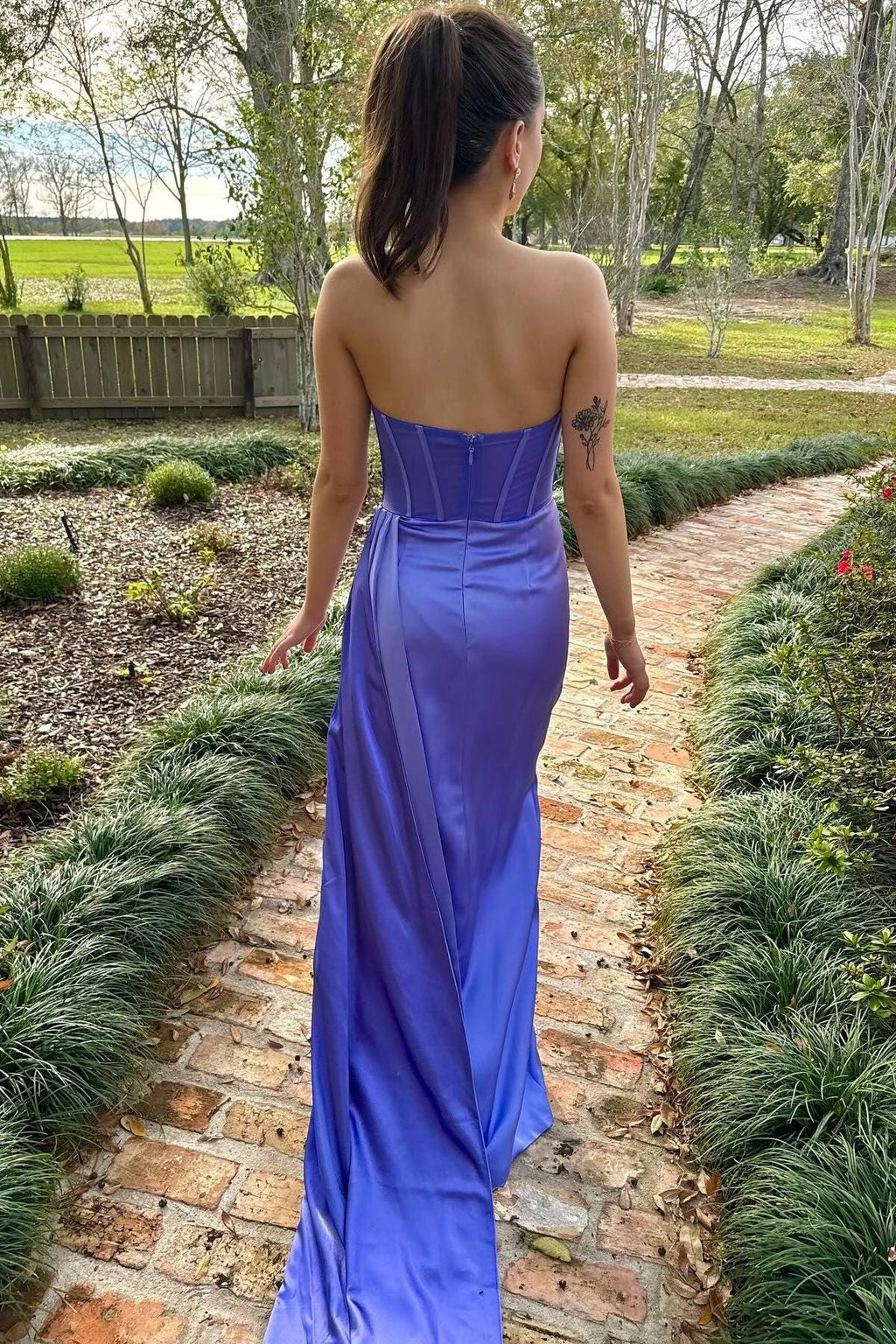 Laken | Periwinkle Strapless Pleated Formal Dress with Attached Train by KissProm