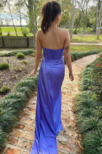 Laken | Periwinkle Strapless Pleated Formal Dress with Attached Train by KissProm