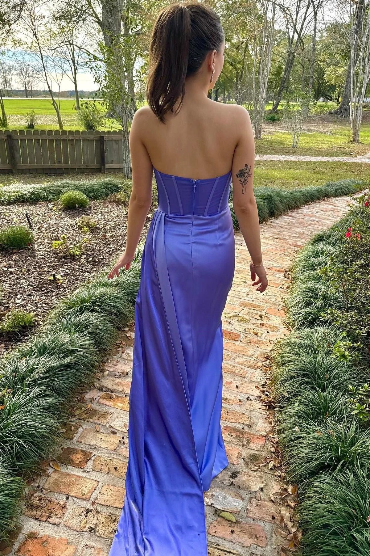 Laken | Periwinkle Strapless Pleated Formal Dress with Attached Train by KissProm