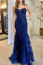 Lance | Blue Sequin Lace Spaghetti Strap Mermaid Long Formal Dress by KissProm