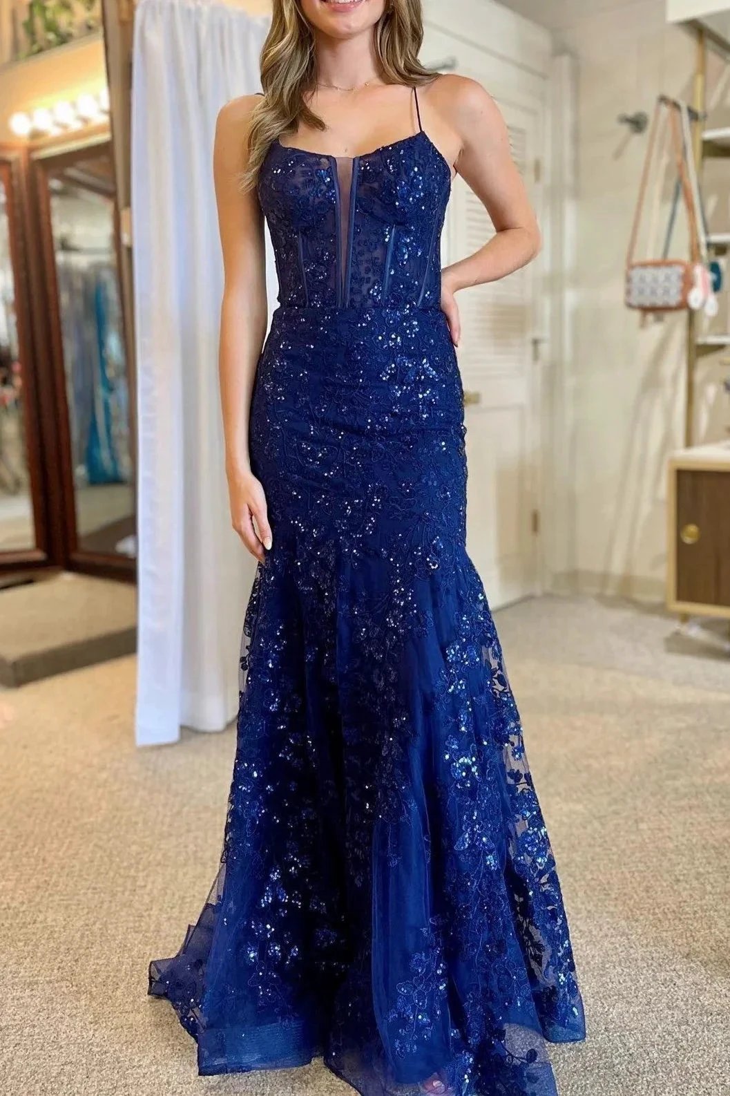 Lance | Blue Sequin Lace Spaghetti Strap Mermaid Long Formal Dress by KissProm
