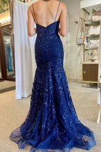 Lance | Blue Sequin Lace Spaghetti Strap Mermaid Long Formal Dress by KissProm