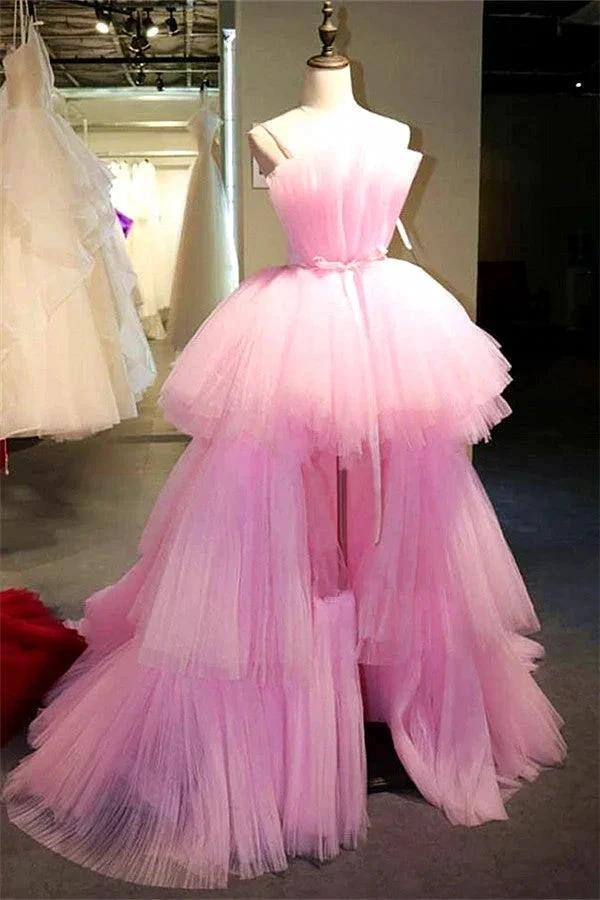 Latest High Low A-line Strapless Tulle Pink Formal Prom Dresses by BIZTUNNEL