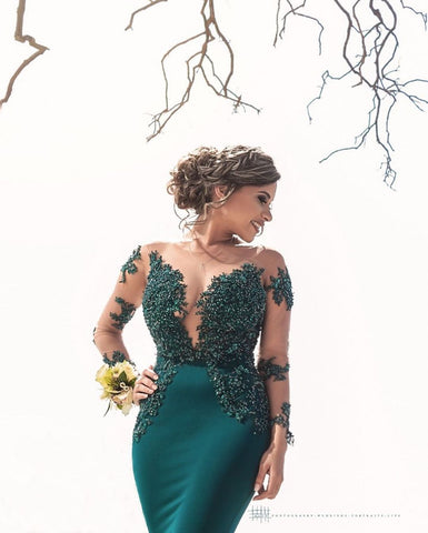 Vestido de fiesta largo de satén con escote joya y mangas, estilo sirena