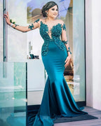 Latest Long Mermaid Jewel Satin Prom Dress with Sleeves by BIZTUNNEL