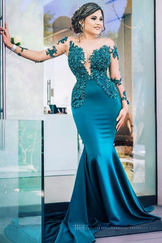 Vestido de fiesta largo de satén con escote joya y mangas, estilo sirena