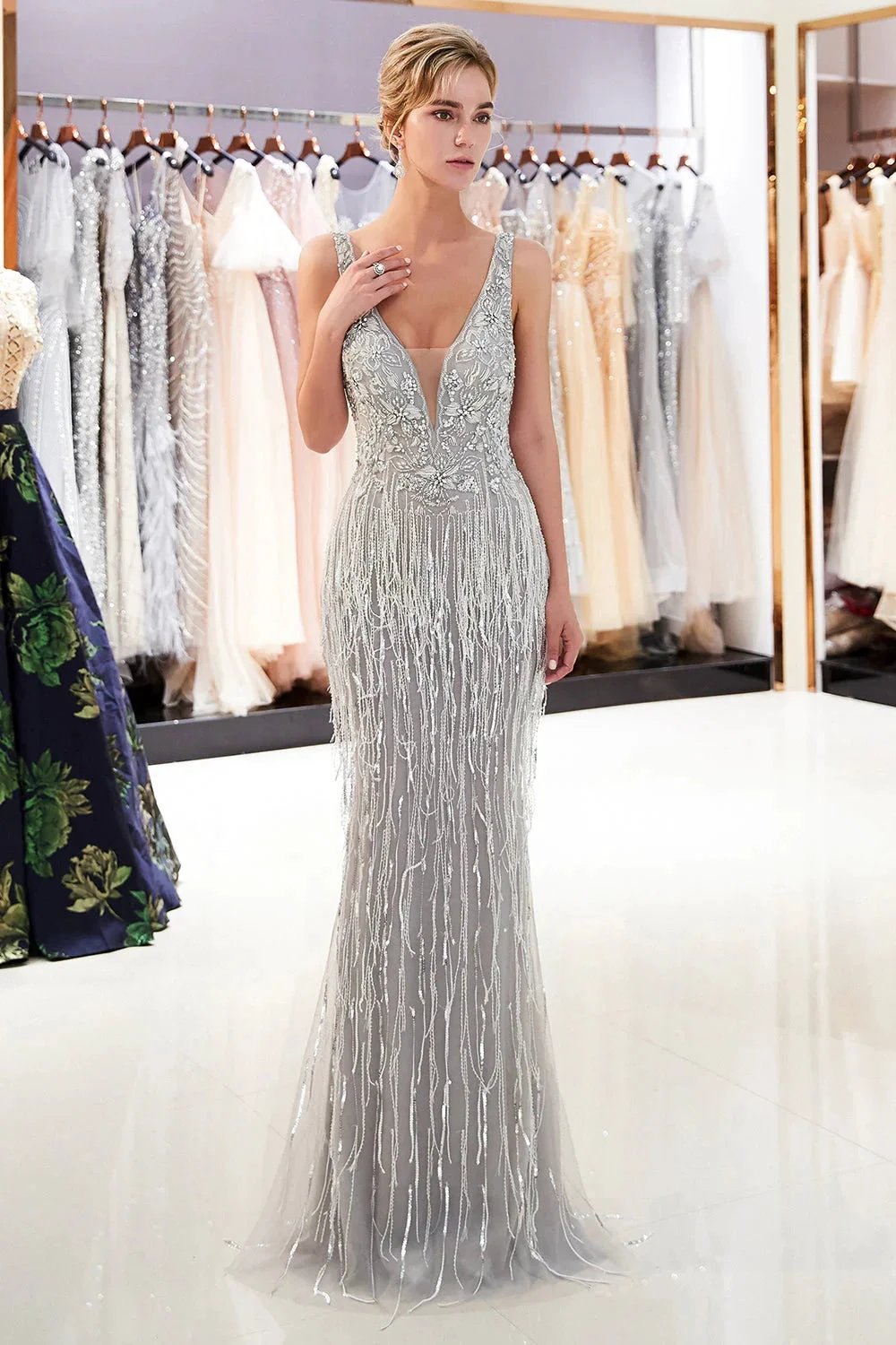 Latest Long Mermaid V neck Beading Fringe Tulle Evening Dress by BIZTUNNEL