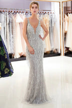 Latest Long Mermaid V neck Beading Fringe Tulle Evening Dress by BIZTUNNEL